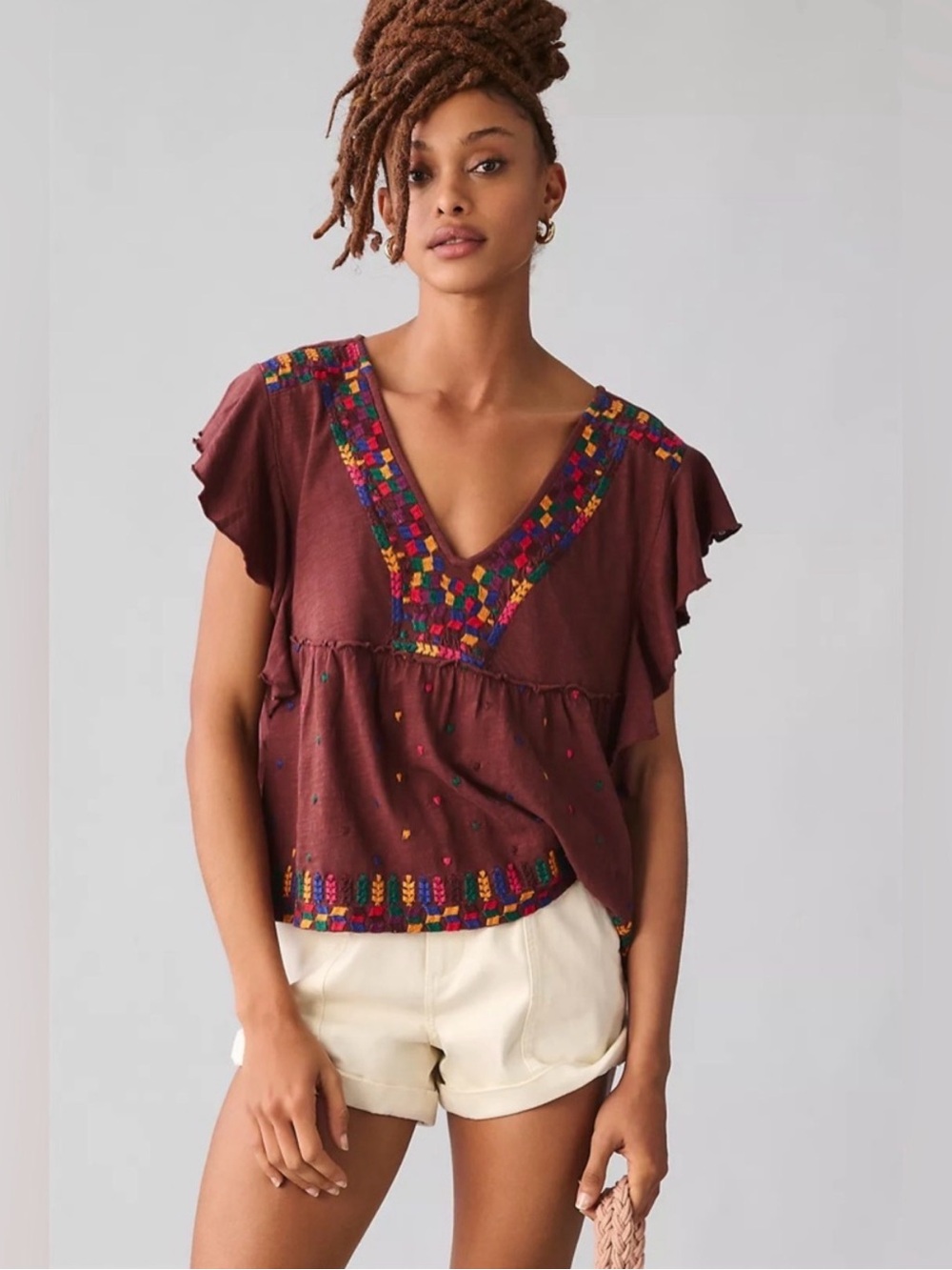 Anthropologie Brown Embroidered V-Neck Flutter Sleeve Top